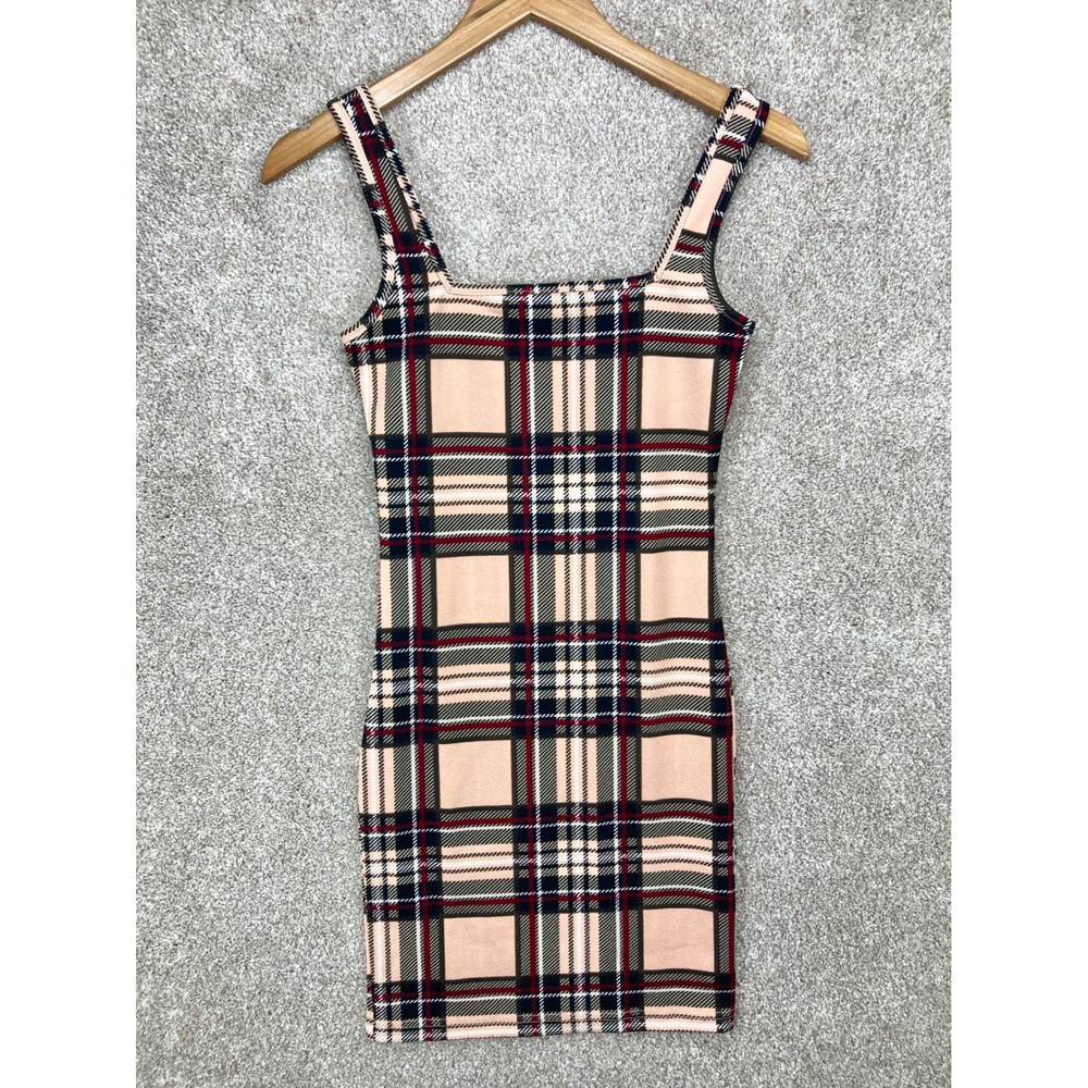 SHEIN Plaid Square Neck Bodycon Mini Dress Women Small Peach Black Academia Chic
